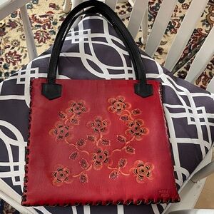 Peruvian, handmade, leather, Red Floral Tote Bag, statement NWOT
